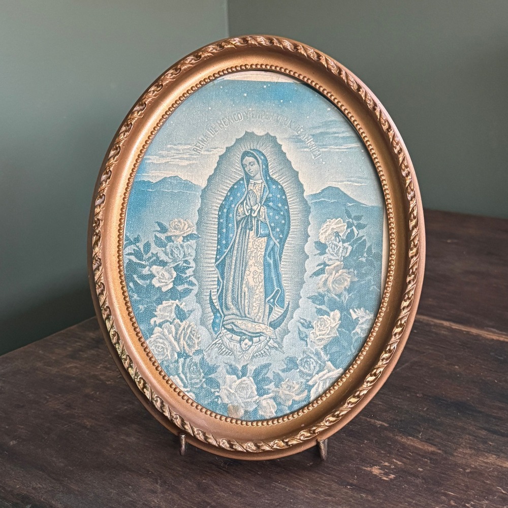 Vintage Our Lady of Guadalupe Framed Print Oval Gold Tone Religious Wall Art